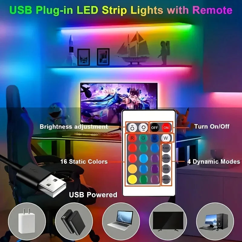 LED USB Strip Light Color Changing 5050 RGB LED Flexible Lights with 24 Keys for Children Gaming Room Home Party TV Backlight Vue