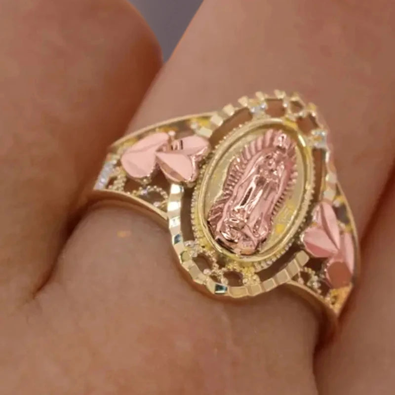 Our Lady of Guadalupe Ring – Pink Enamel Virgin Mary Statement Religious Statement Ring Vue