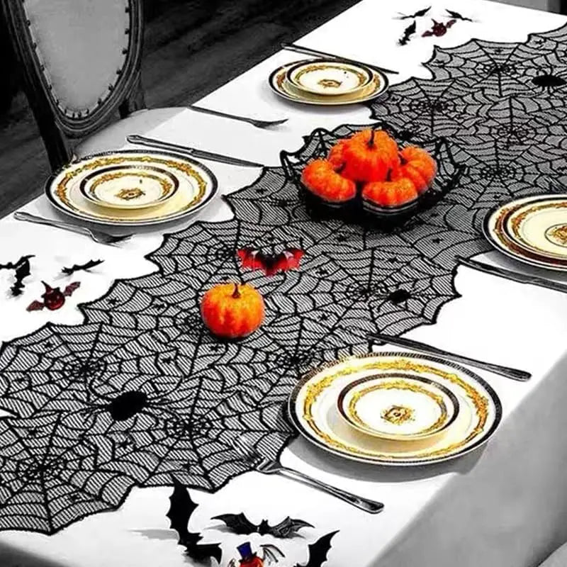 1-5pcs Halloween Black Lace Table Cloth for Family Dinner Party Ghost Decor Floral Skeleton for Fireplace Shelf Table Cover Vue