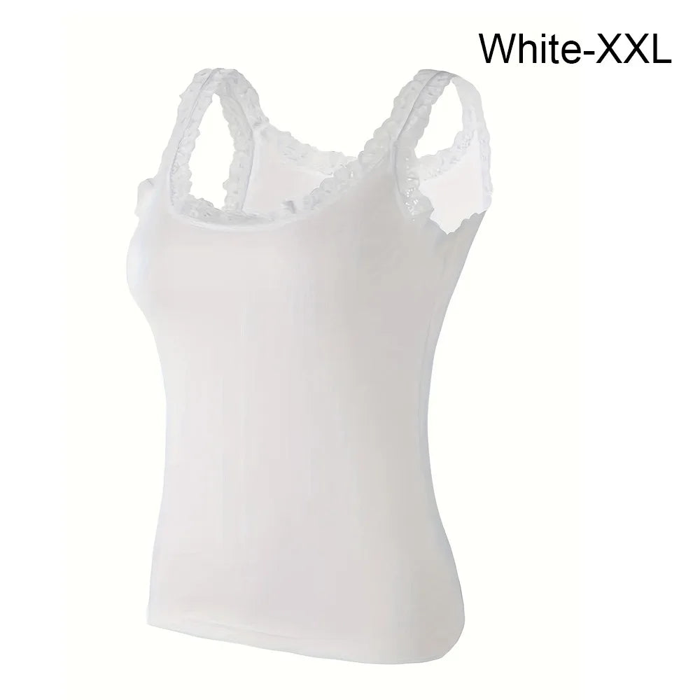 Casual U Neck Summer Tank Tops Sleeveless Lace Cami Shirt Underwear Vue White-XXL One Size