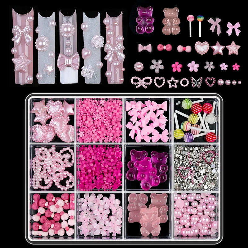12/15 Grids/Box 3D Nail Art Decoration Kit With Resin Bowknot Pearls Heart & Assorted Shapes Kawaii Nail Charms DIY Manicure Art Vue