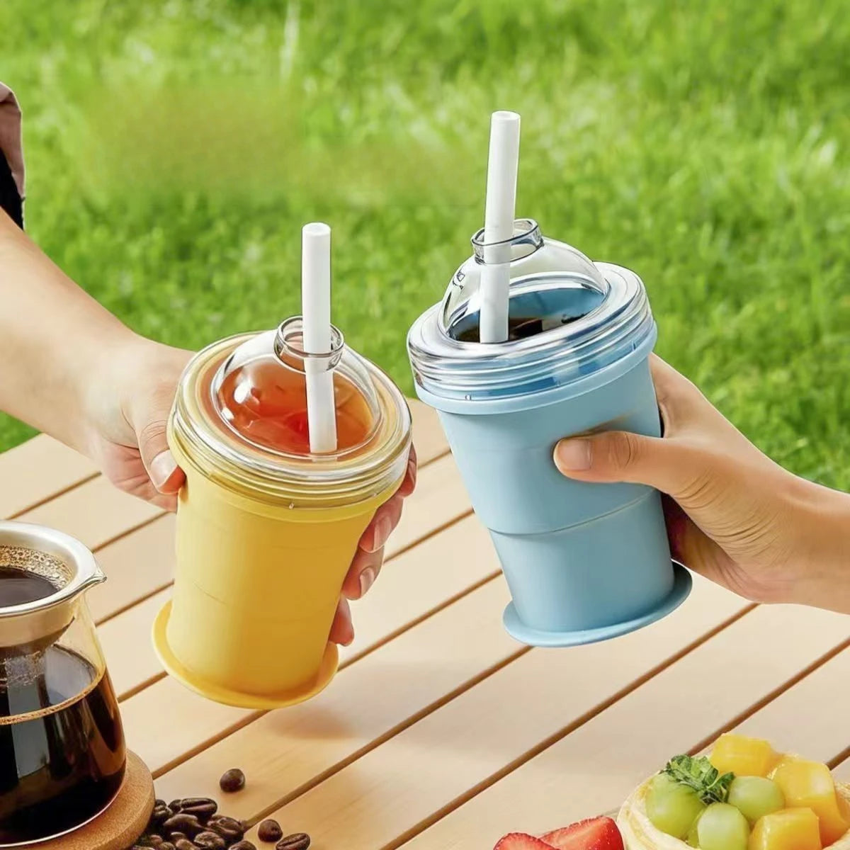 Portable Foldable Ice Ball Cup with Straw Food Grade Silicone Ice Mold for Whiskey Cocktails Reusable Summer Travel Water Bottle Vue