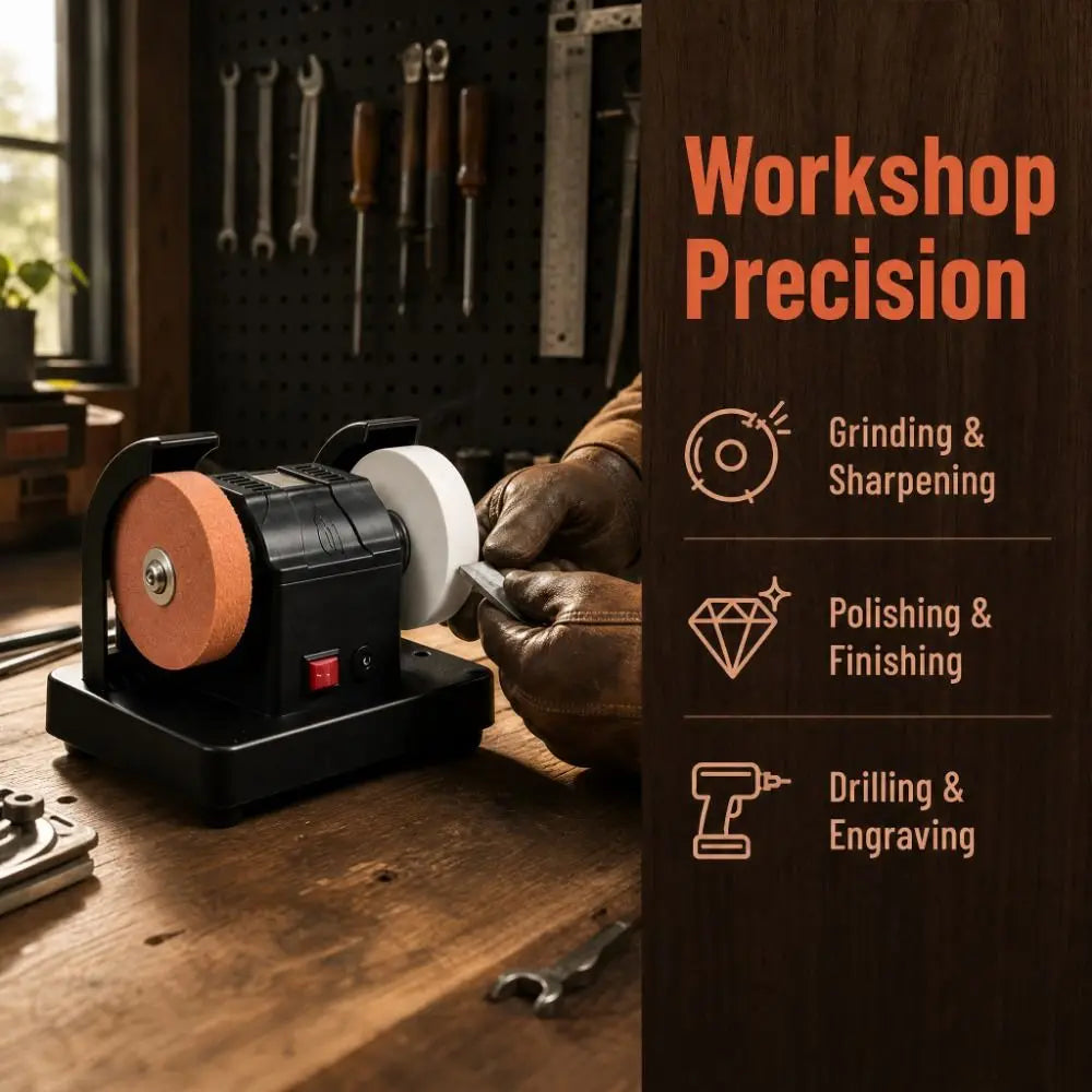 Dual Wheel Mini Bench Grinder Automatic Grinding Stone Electric Sharpener Motor-Driven Sturdy Base Electric Polishing Machine Vue