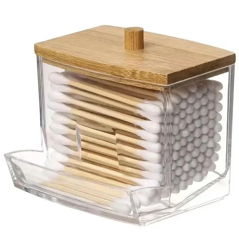 vvocci Organize Box Storage Box Double Cotton Swab ToothpickSwab Head Cotton Buds Container Transparent Square Bamboo Cover Vue