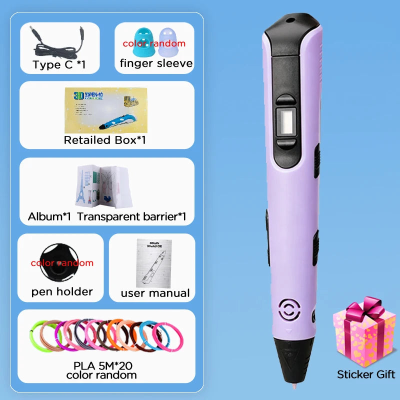 New 3D Printing Pen LCD Display Screen 1.75mm ABS / PLA Filament Kids DIY Drawing Pen Boy and Girls Christmas Birthday Gifts Vue Purple-100M PLA