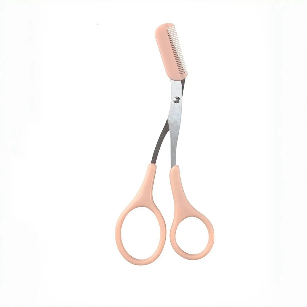Eyebrow Trimming Scissors Professional Built-in Comb Stainless Steel Non-Slip Brow Shaper Hair Removal Beauty Tool for Men Women Vue Pink
