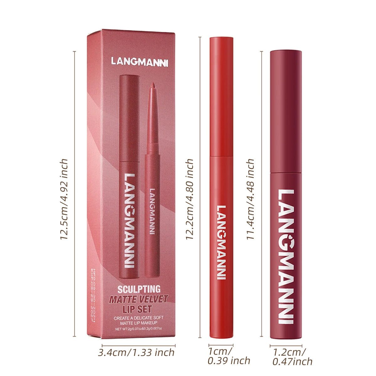 2Pcs/set Matte Soft Mist Slanted Mouth Lipstick + Lip Liner Set Combo Light Matte and Non-Drying Waterproof Non-Stick Lip Set Vue