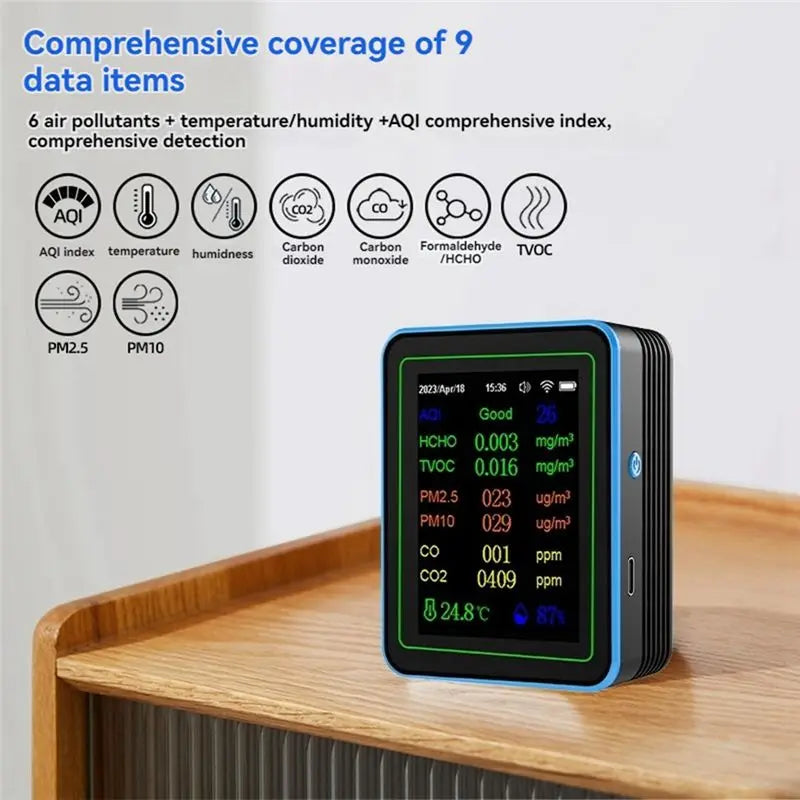 ABKW-Tuya Wifi 12 In 1 Air Quality Monitor Multifunction PM2.5 AQI PM1O HCHO TVOC CO CO2 Screen Display Air Detector Vue