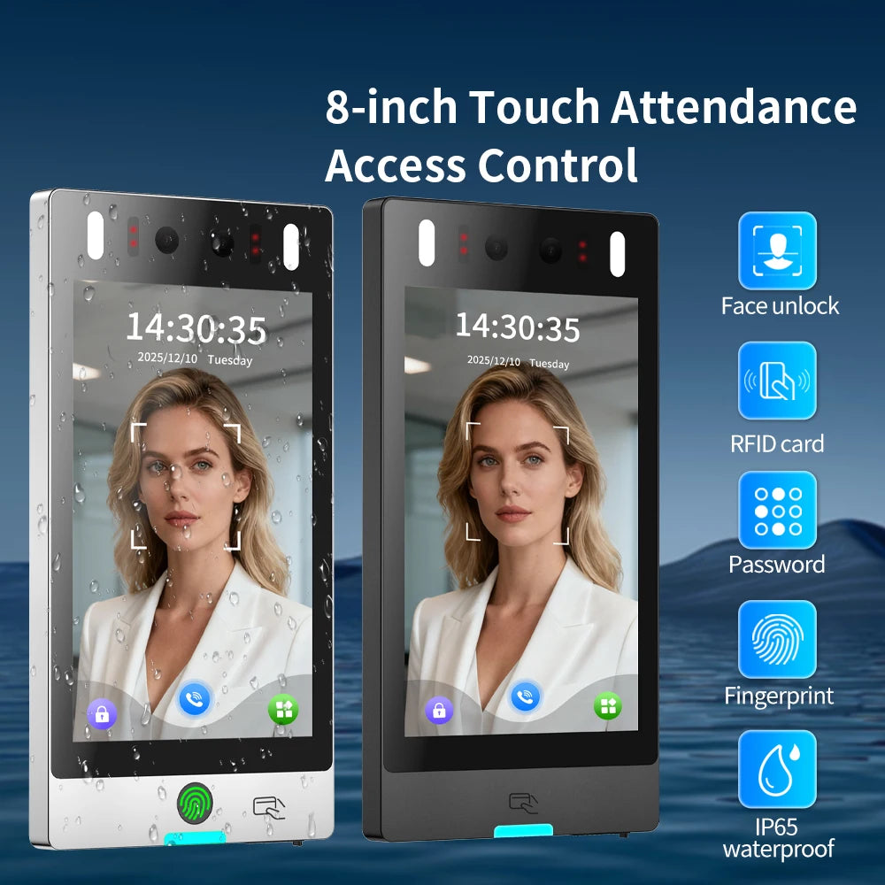 IP65 8 inch WIFI AI Dynamic Biometric Fingerprint Face RFID Recognition Attendance Access Control Machine For Free Software Vue AI801F-Black