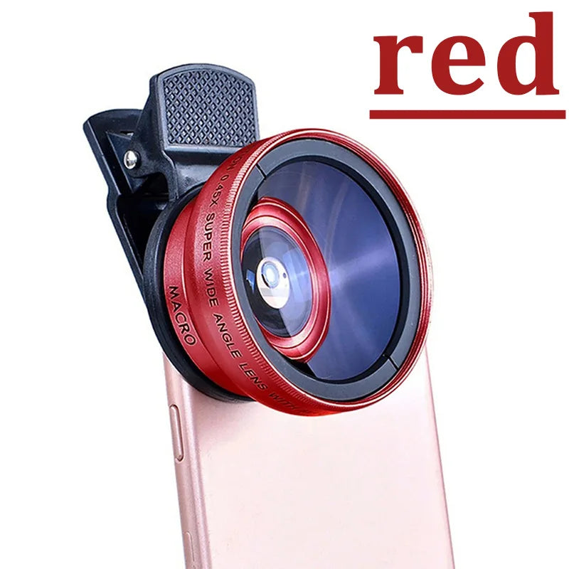 2 IN 1 Lens Universal Clip 37mm Mobile Phone Lens Professional 0.45X 49uv Super Wide-Angle + Macro HD Lens For iPhone Android Vue Red