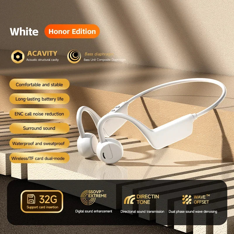 Bone Conduction Bluetooth Earbuds IPX8 Running Sports Waterproof Over-Ear Style Long Battery Life Low Noise With Mic Vue Bright Moon White