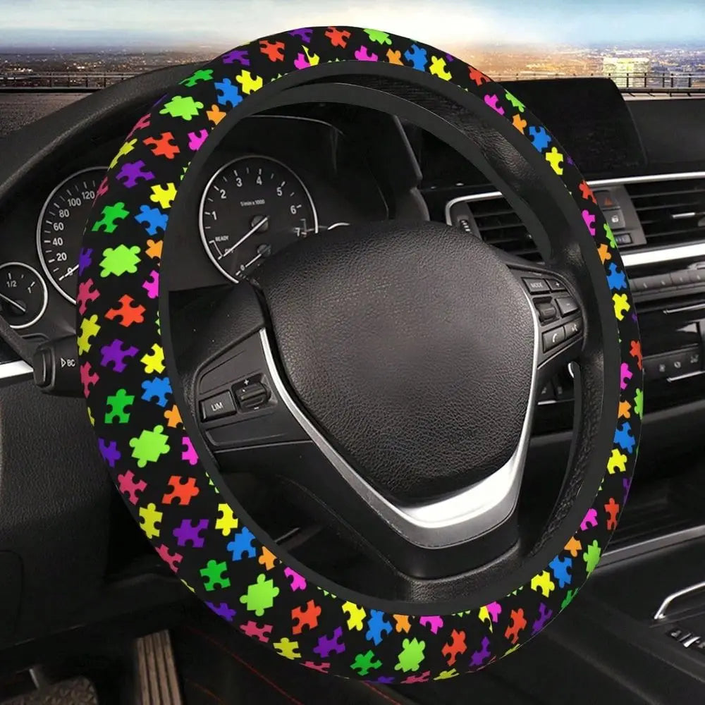 Puzzle Pieces Neoprene Car Steering Wheel Cover Protector Upgrade Thicken,Autism Awareness Colorful,Anti Slip Soft Car Accessor Vue United States as illustrated