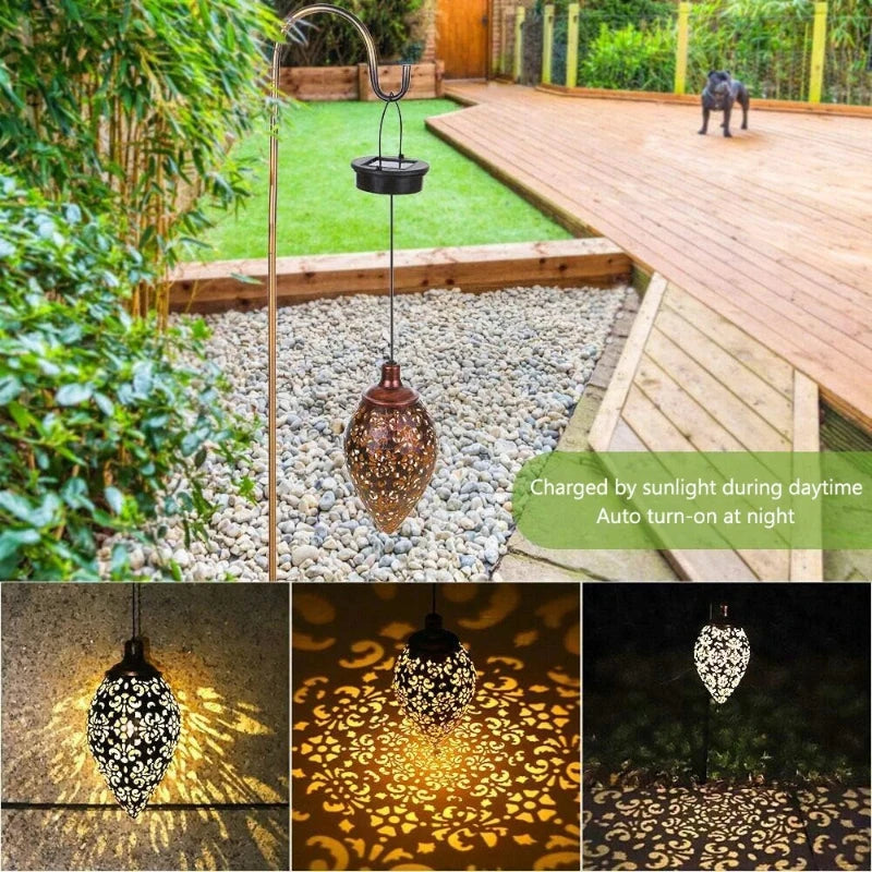 Outdoor Solar Light LED Moroccan Retro Hollow Projection Lamp Metal Waterproof Hanging Garden Light for Patio Pathway Yard Porch Vue