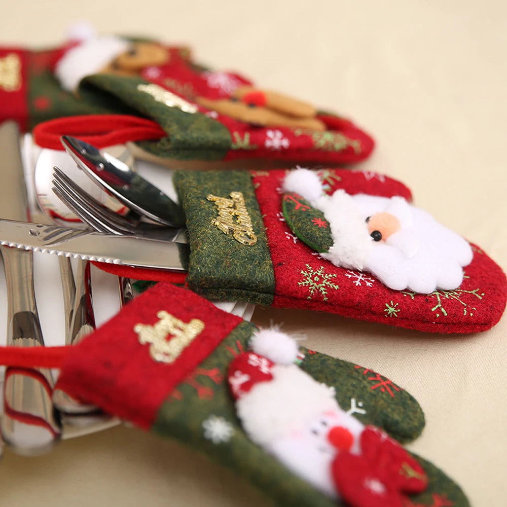 4PCS Christmas Silverware Holder Pockets Retro Glove Shaped Cutlery Holder Bag Candy Gift Pouch for Xmas Dinner Table Decoration Vue