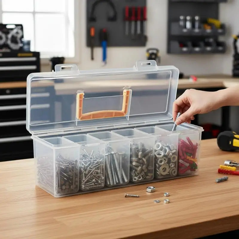 Multi Compartment Transparent Hardware Tool Storage Box Portable Plastic Organizer Case for Office DIY Workshop Vue