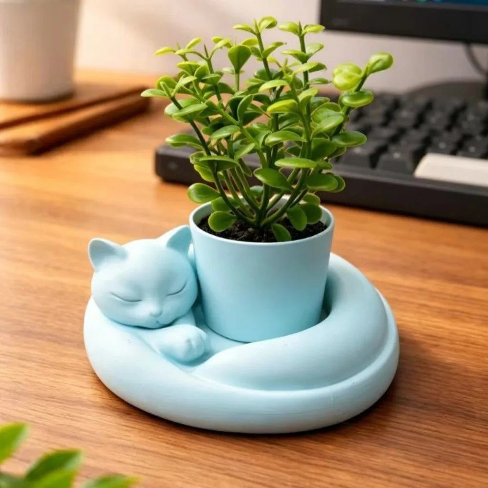 3D Printed Cat Sleeping Flowerpot Plastic Cartoon Animal Shaped Planter Lying Cat Shape Uniquely Cat Desktop Ornament Study Room Vue Blue