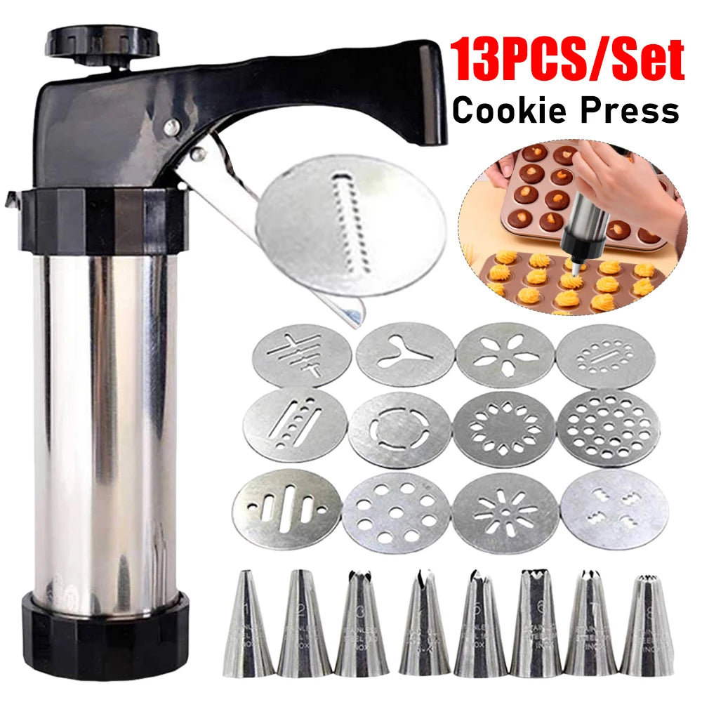 Cookie Press Gun Kit – 13 Discs & 8 Icing Nozzles Cookie Press Kit Vue