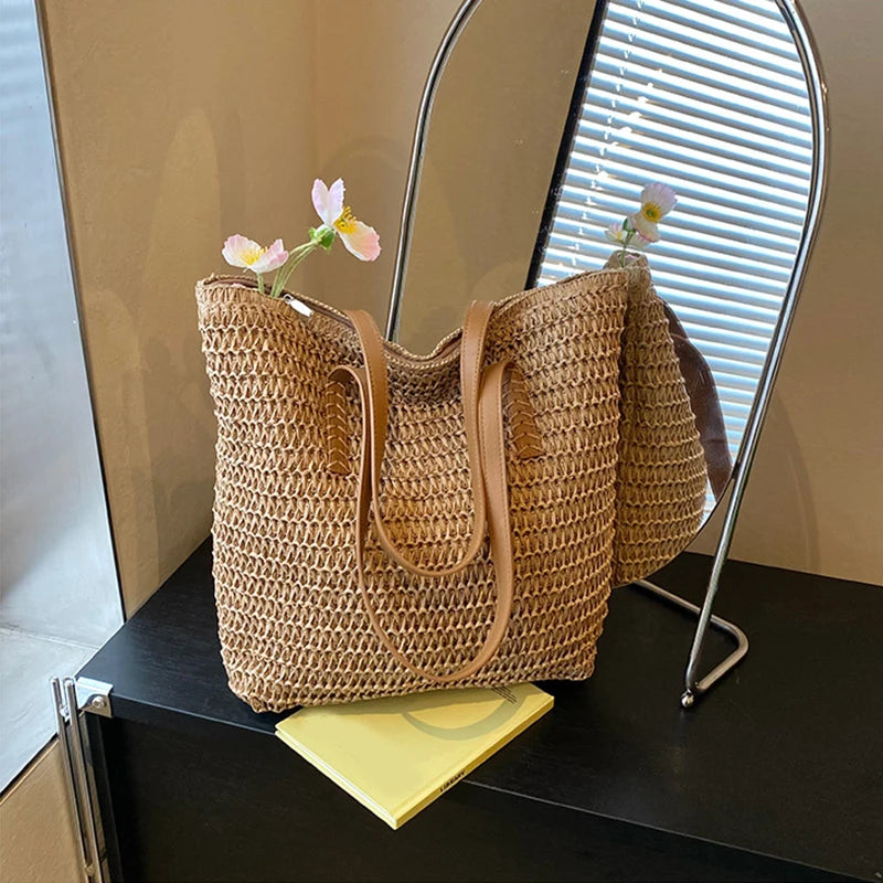 Women Top-handle Bags Straw Summer Beach Bucket Bag Woven Tote Purse Vue khaki