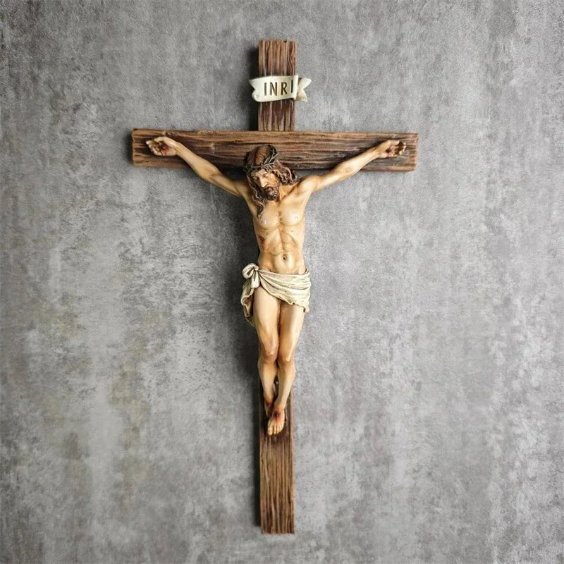 Retro Crucifix Resin Sculpture Jesus Cross Statue Religious Belief Figurine Home Chapel Bedroom Church Decor Christian Souvenir Vue