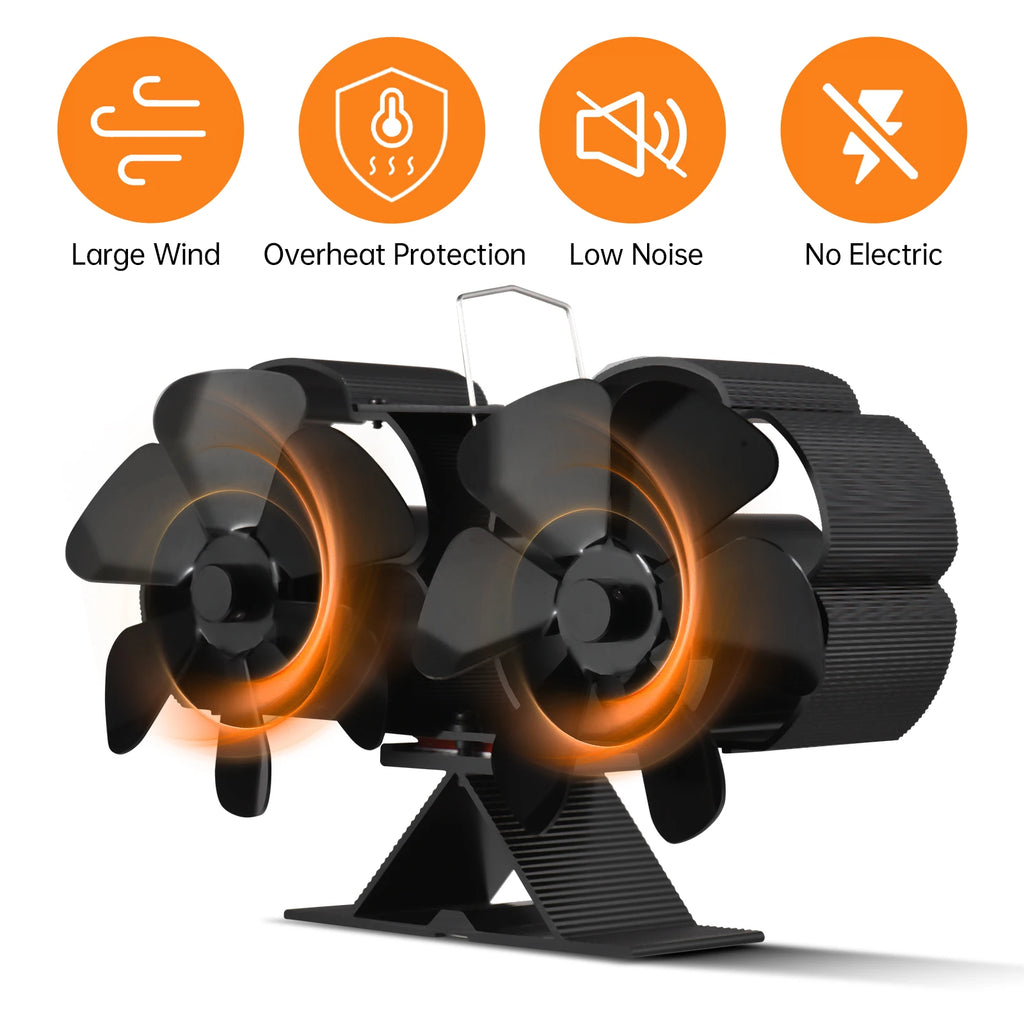 Dual Head 6 Blade Heat Powered Stove Fan with Carrying Handle and Overheating Protection Portable Heat Fan Vue