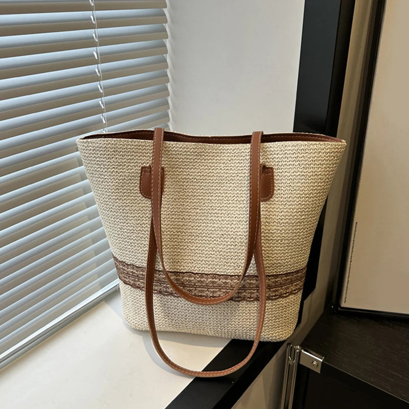 Women's Large Capacity Shoulder Bag Summer Straw Woven Basket Handbag