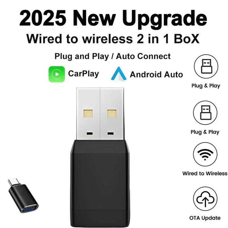2 in 1 Wired to Wireless Car CarPlay Adapter Android Auto AI Box Play & Plug for OEM Wired CarPlay AA Navigation System Vue