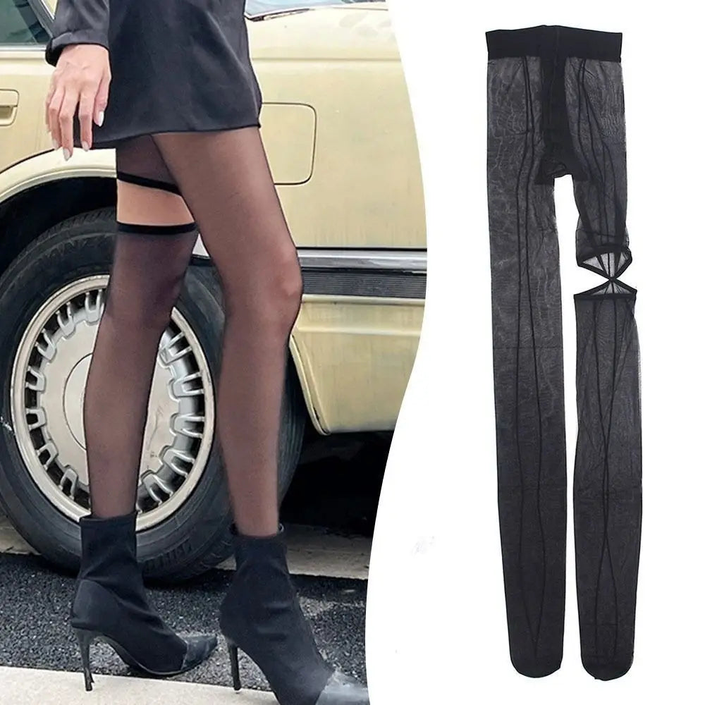 Fashion Personality High Pantyhose Asymmetry Hollow Out Hottie Sexy Tights Perspective Leggings Vertical Line Tights Women Vue