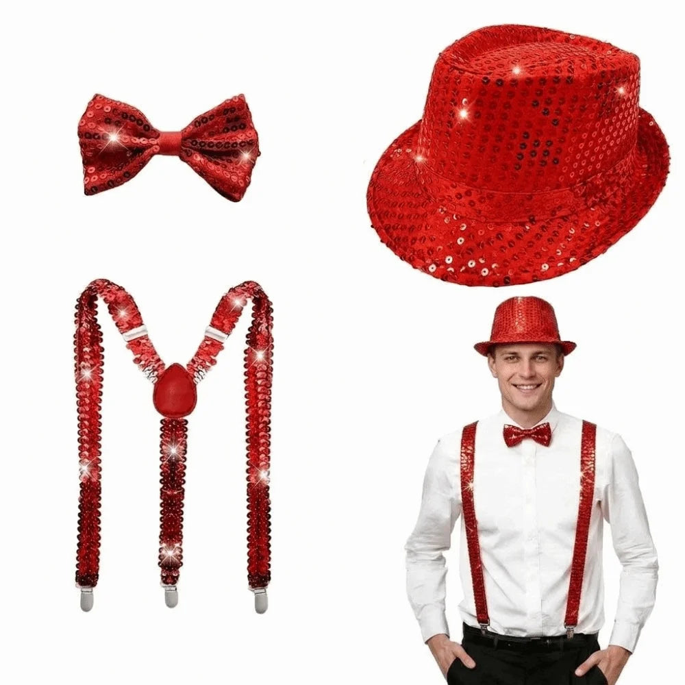 Fashion Solid Color Performance Props Set Sequined Performance Neck Tie Party Prop Halloween Decor Sequined Hat Carnival Vue