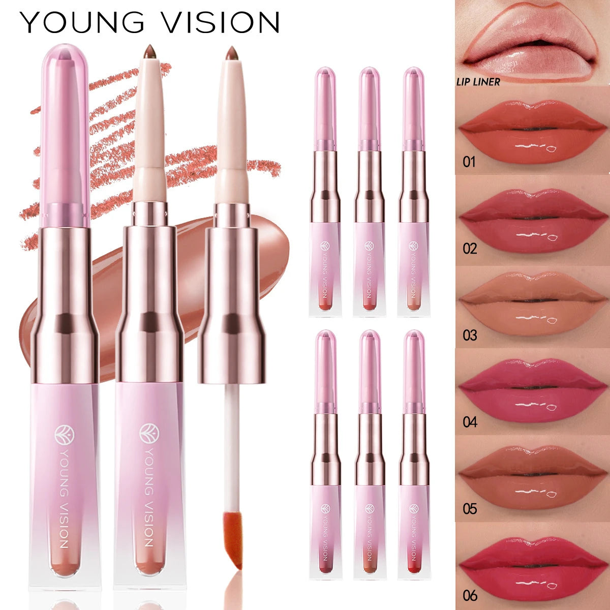 6-color dual-ended lip liner +Lip Gloss mirror hydrating gradient Lip Tint, Matte Finish, Velvet Liquid Lipstick Vue
