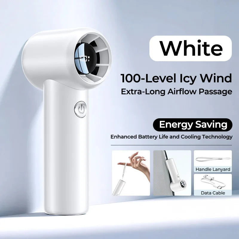 Mini Handheld Fan Portable USB Rechargeable with LED Display Powerful Cooling Breeze Heatstroke Relief for Outdoor Sports Office Vue White