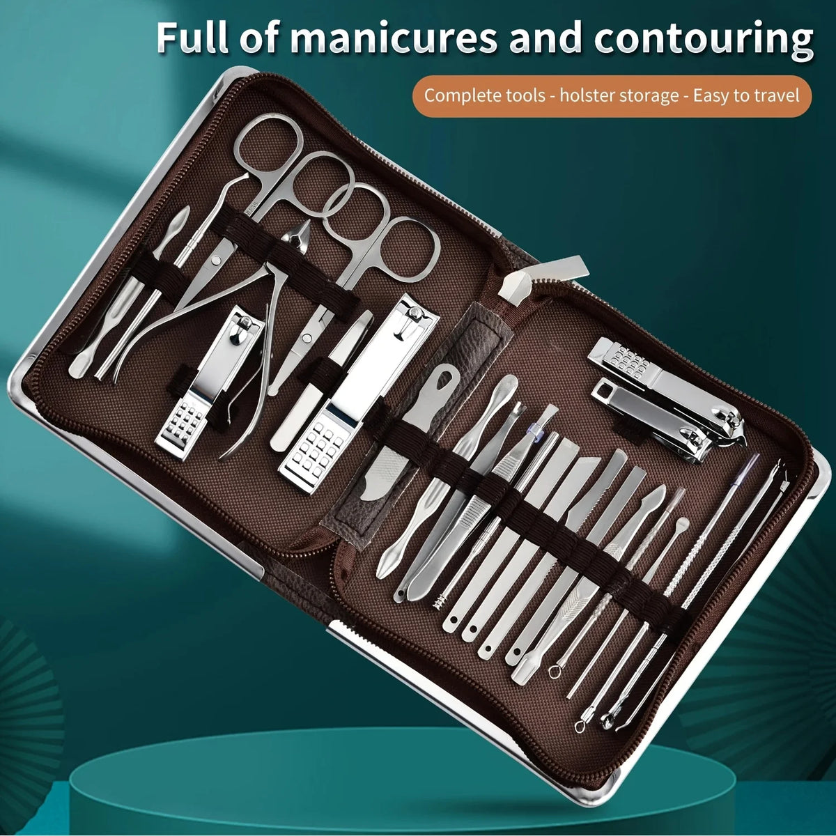 Professional Stainless Steel 26pcs Set Manicure & Pedicure Kit Precision Nail Care with Travel Case with Nail Clipper Scissor Vue