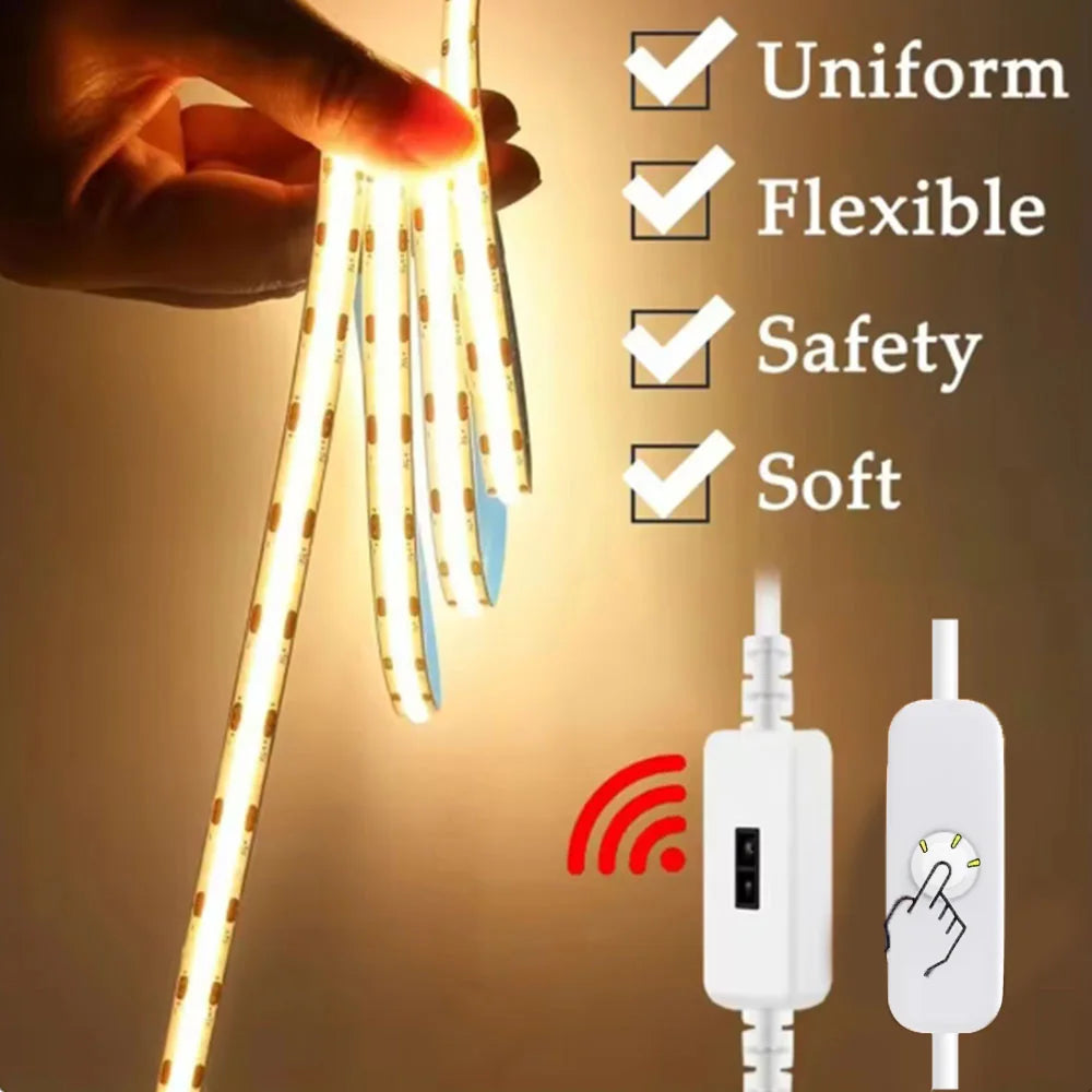 COB LED Strip Light 5V USB Hand Sweep Sensor Switch&Push Switch 1M 2M 3M Tape Lamp Dimmable Flexible Lights For Room Lightings Vue