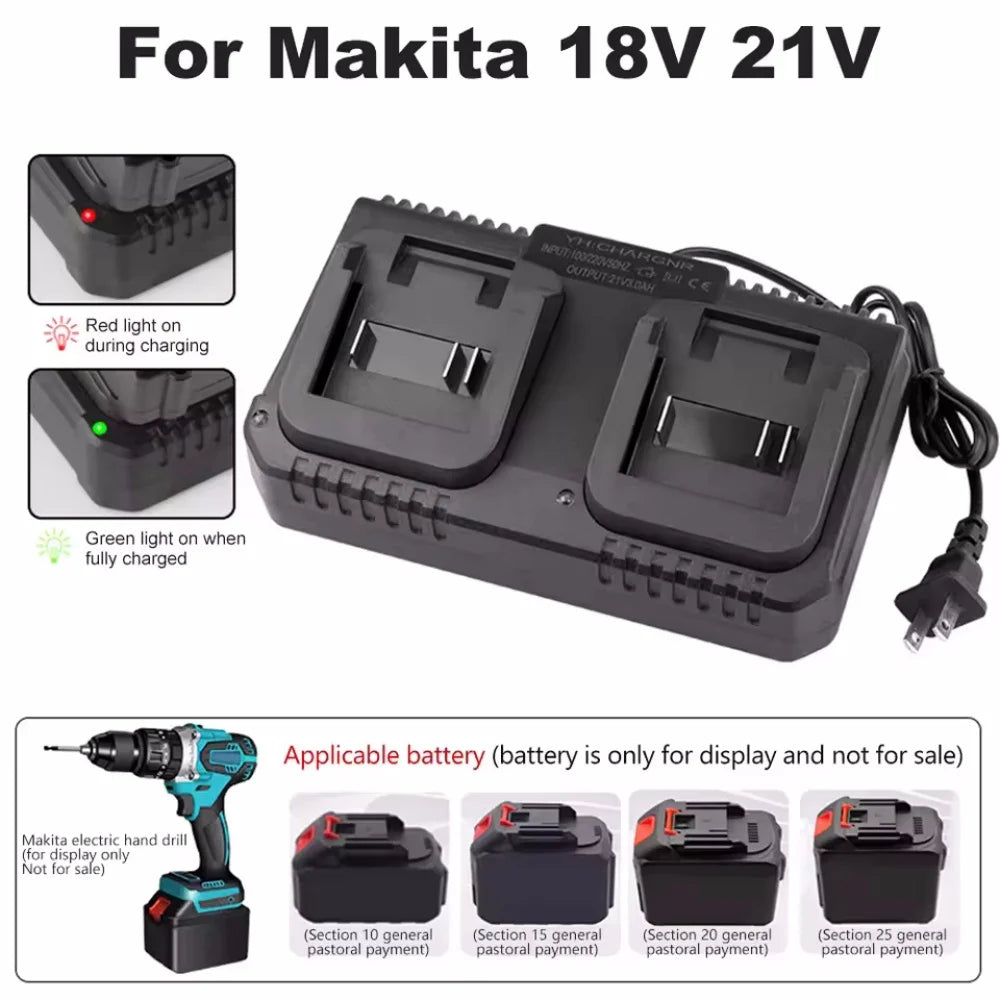 Dual Slot Charger 18V 21V Li-ion Battery Charger for Makita BL1415 BL1815 BL1830 BL1850 Electric Drill Power Tools EU US Plug Vue