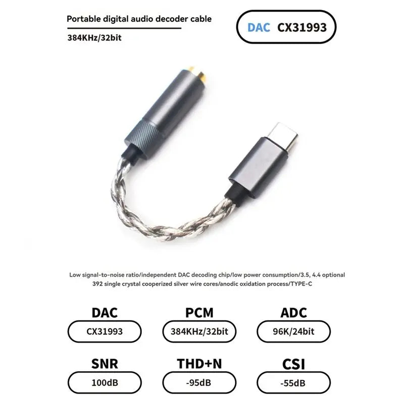 Hot-Type C Headphone Adapter CX31993 32Bit 384Khz Audio Decoding Cable Type C To 4.4Mm DAC Amp Adapter Vue