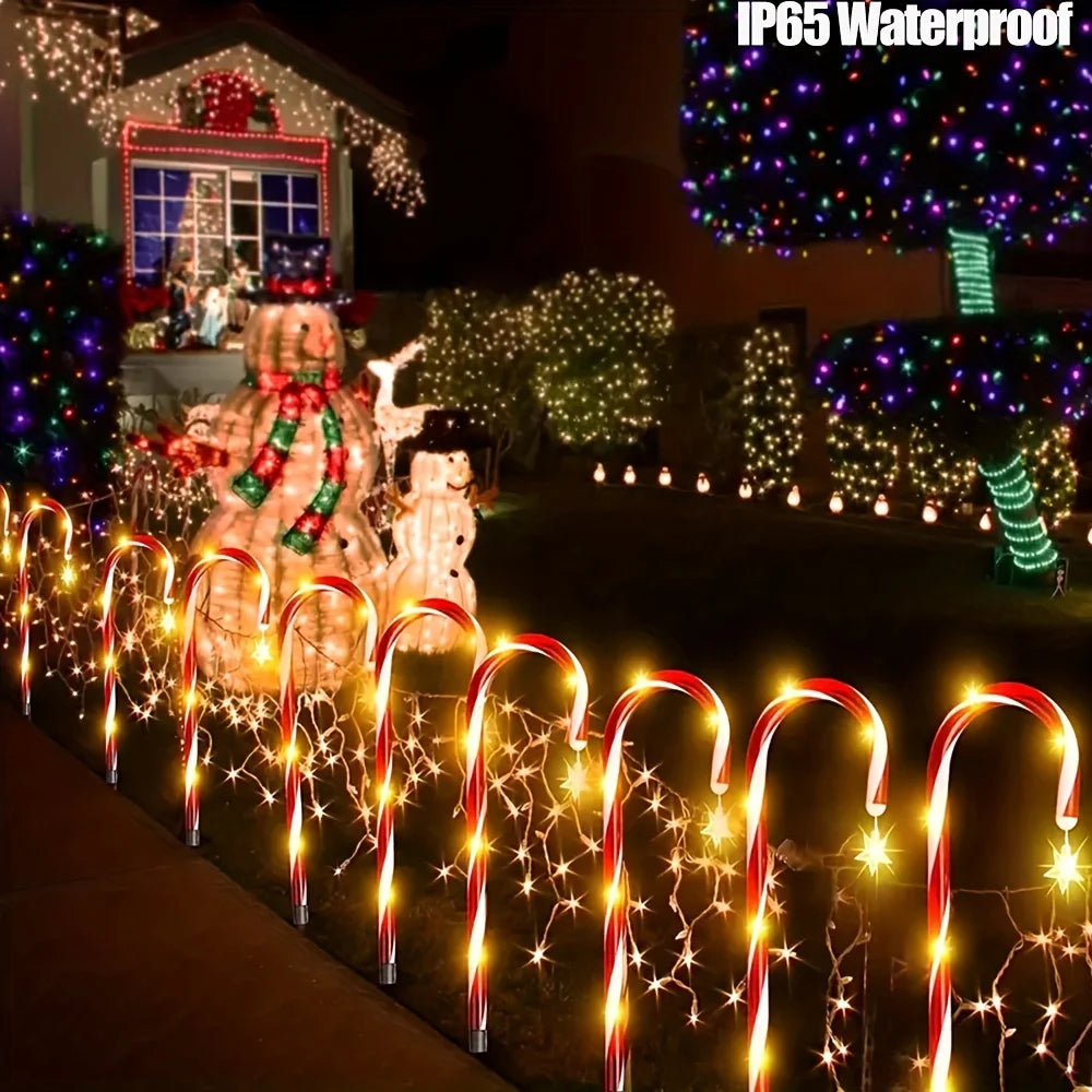 Christmas Ambiance Solar Stake Lights - Star Snowflake Cane Shape, 8 Lighting Modes, LED Outdoor Lawn Lights for Path, Garden Vue