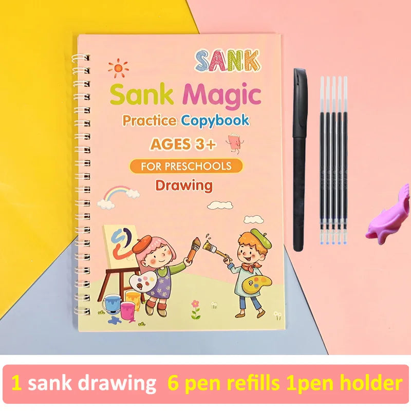 Children Reusable Magic Practice Copybook Kids Grooved Handwriting Tracing Book with Pen Holder Preschool Learning Boy Girl Gift Vue Drawing Version