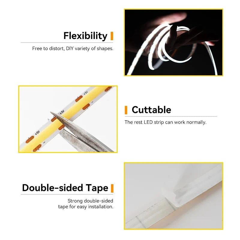 COB LED Strip Light 5V USB Hand Sweep Sensor Switch&Push Switch 1M 2M 3M Tape Lamp Dimmable Flexible Lights For Room Lightings Vue