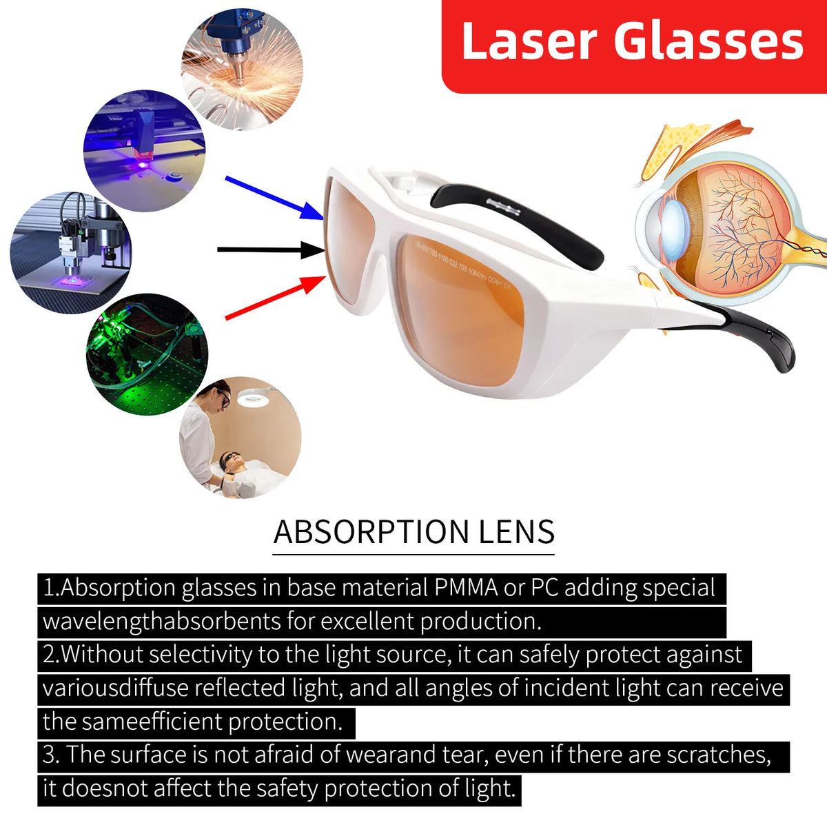 Laser Glasses CE EN207 Certified OD6+ 750-2000nm Anti-Scratch PC Lenses for Fiber Laser Welding Equipment Laser Safety Goggles Vue