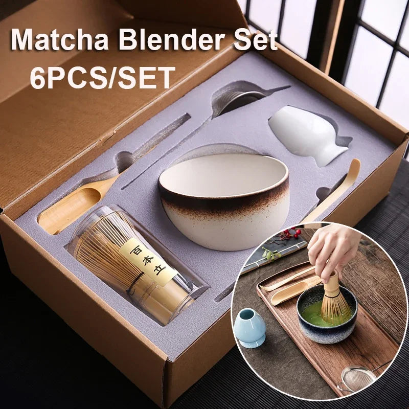 6Pcs/set Tea Whisk Brush Set Bamboo Matcha Whisk Scoop and Holder Matcha Bowl with Strainer Japanese Matcha Ceremony Accessory Vue