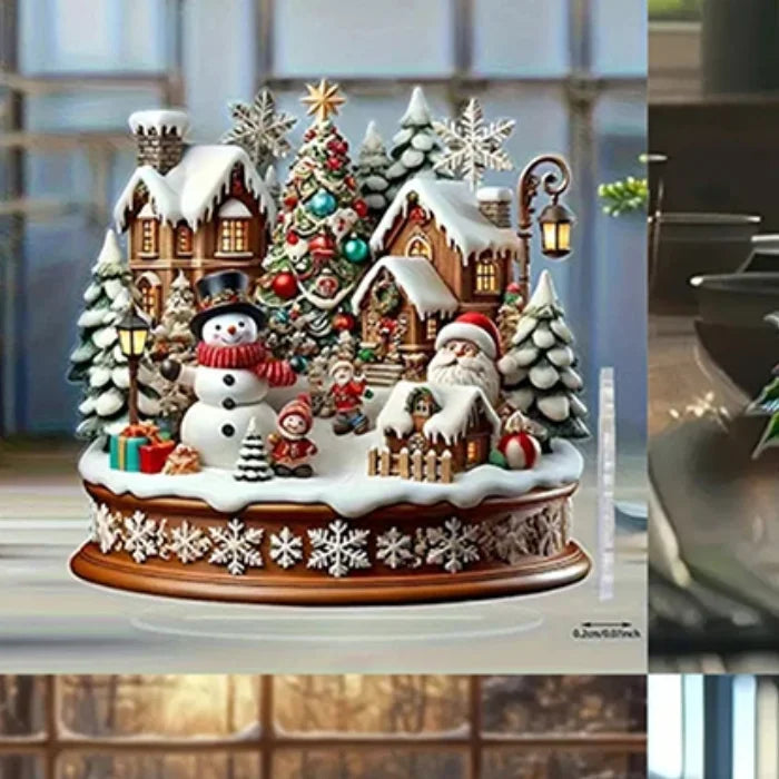 2D Flat Acrylic Christmas Desk Decor With Base Snowman House Rotating Carousel Design Indoor/Outdoor Home Office Decoration Vue