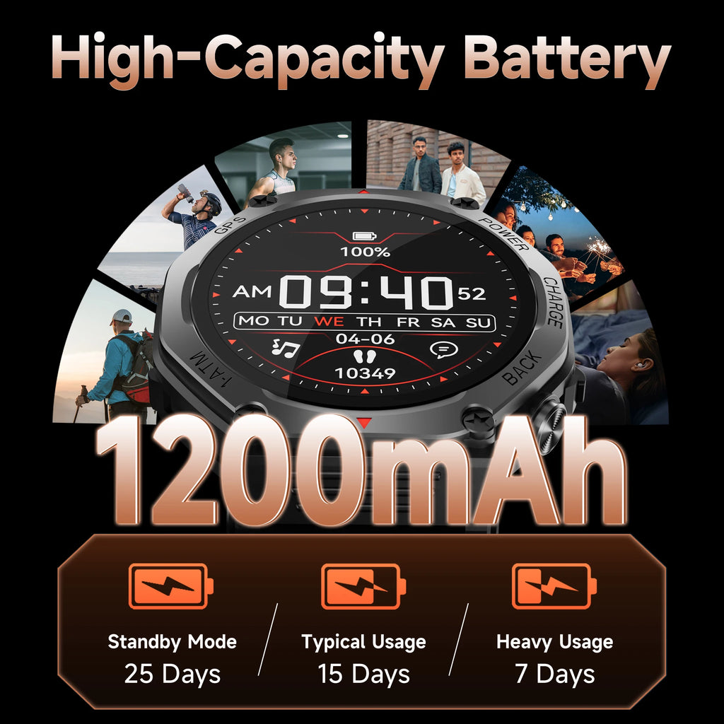 NEW Military GPS Smartwatch Android/IOS with 1.39''Screen 1200mAh Big Battery Bluetooth LED Light Wireless Call for Camping Man Vue
