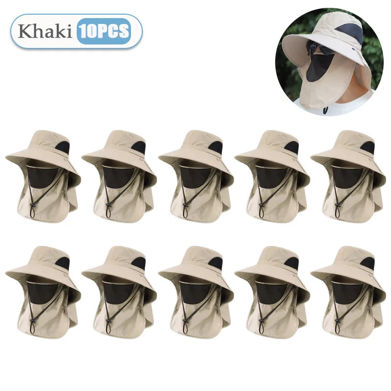 Sun Hat Summer Men Hats Outdoor Sun Protection Detachable with Large Brim Hiking Mask Fishing Outdoor Detachable Sun Beach Hat Vue Khaki-10PCS