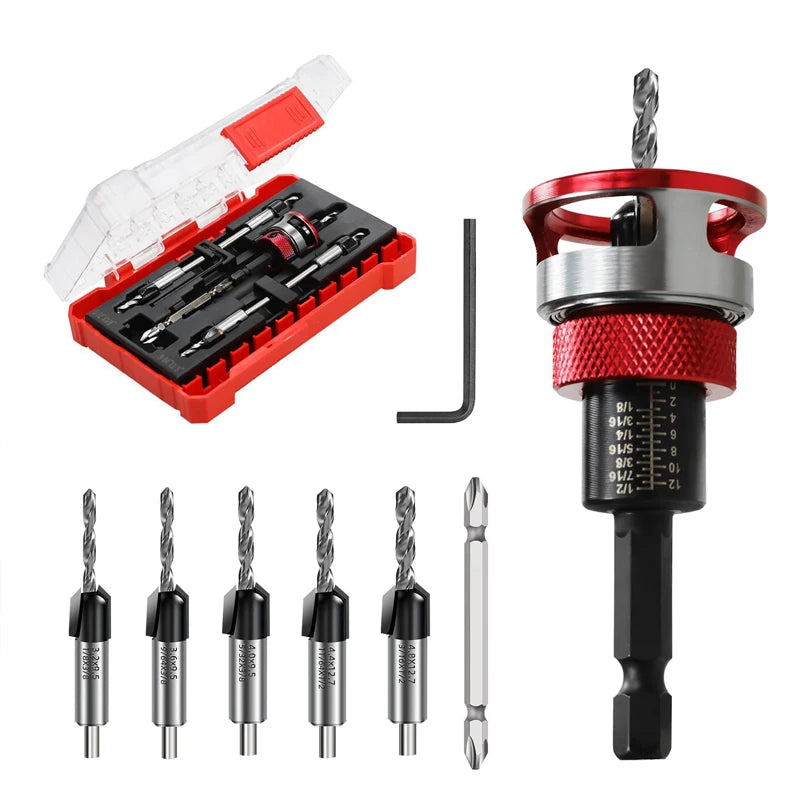 5pcs Countersink Drill with Depth Stop M2 Pre-Drill with Ball Bearing 1/4 Inch Hex Shank Precise Countersink Wood for Workshop Vue Red