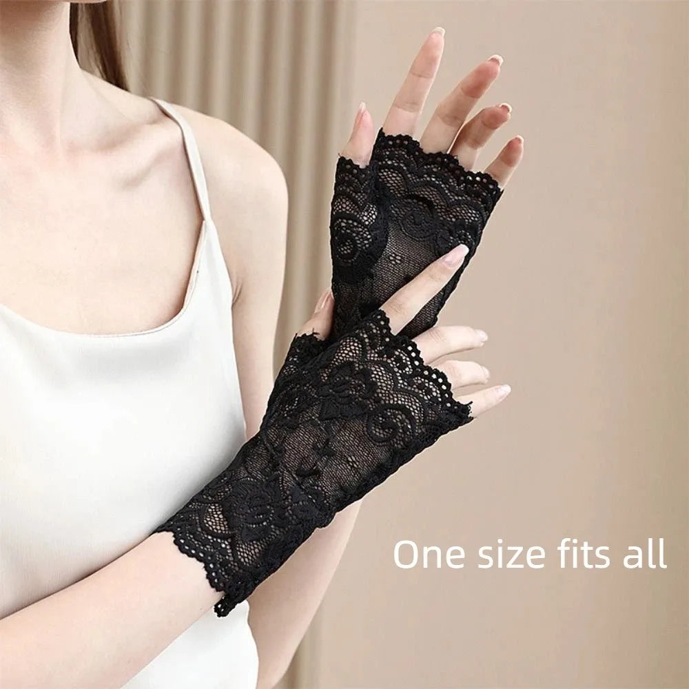 Summer Thin Half-finger Gloves Elasticity UV Protection Mesh Lace