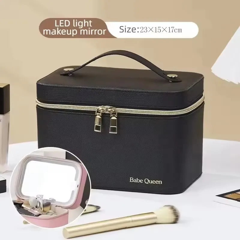Travel PU Makeup Bag With Led Mirror Portable Cosmetic Case With Mirror And Light Travel Rechargeable Makeup Bag With Led Light Vue BQ-Pink CN
