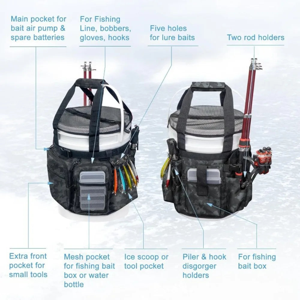 Spot Fishing Bucket Storage Bag Fishing Gear Bag with Fishing Rod and Pliers Bracket Multi-Pocket Bucket Fishing Bucket Vue