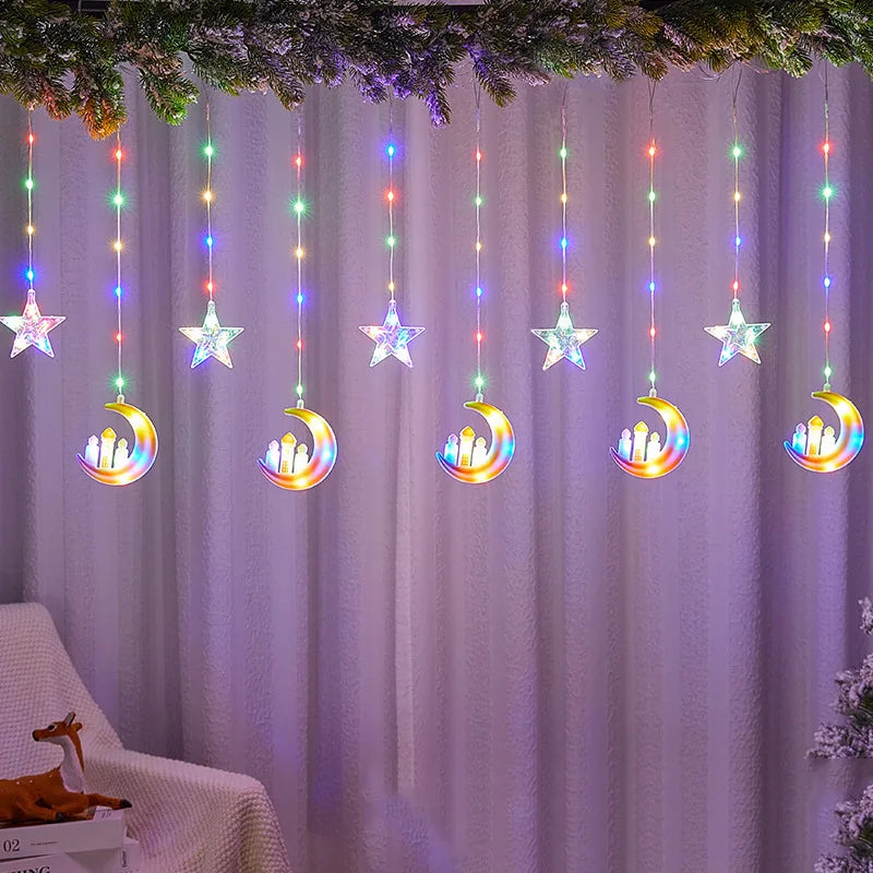 1PC USB Powered Ramadan Indoor Moon/Star Castle Leather Curtain Light,8 Modes Hanging Fairy Light for Muslim Festival Home Party Vue