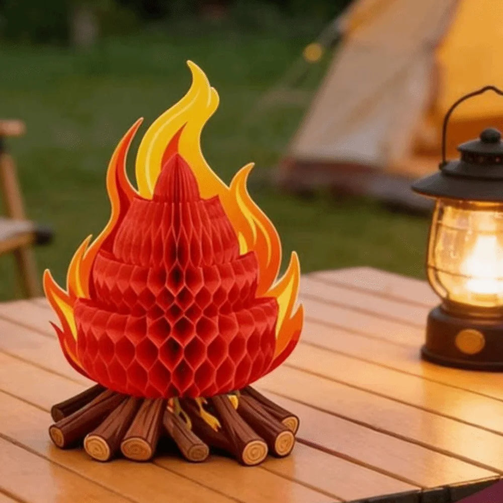 4Pcs Foldable 3D Paper Campfire Decoration 3D Honeycomb Paperboard Folding Campfire Centerpiece Handmade Artificial Flame Vue