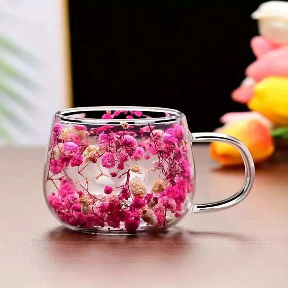 Coffee Tea Cup Dried Flower Glass Cup Double Insulated with Handle Double Wall Mug Heat Resistant 150ML Clear Glass Cup Vue Style 1 301-400ml
