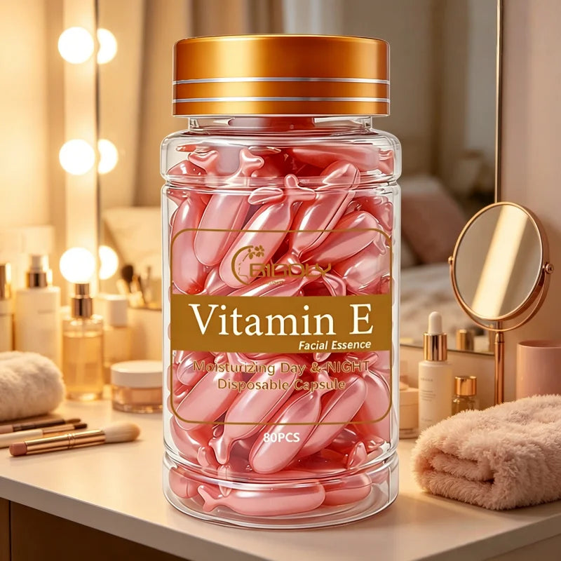 80 Capsules of Vitamin E Facial Essence, Day and Night Moisturizing, Deeply Hydrating, Leaving Skin Soft and Supple, Pink Capsule Packaging, Safe and Hygienic, Easy to Carry Vue